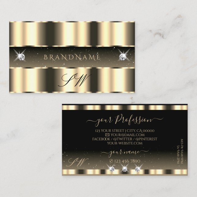 Luxurious Gold Black Sparkling Diamonds Initials Business Card (Front/Back)