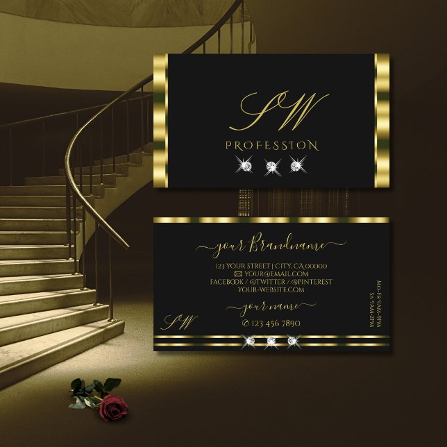 Luxurious Gold Black Sparkling Diamonds Monogram Business Card (Creator Uploaded)