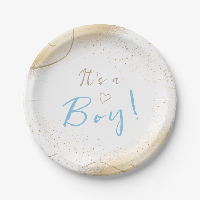 Luxurious Gold & Blue Boy Baby Shower Paper Plate (Front)