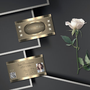 Luxurious Gold Brown with Jewels QR Code and Photo Business Card