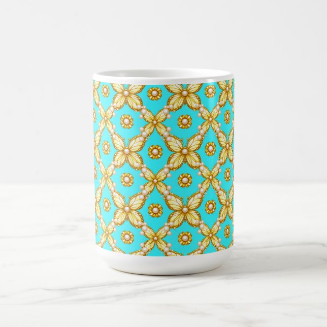 Luxurious Gold Butterfly Pattern With Pearl Accent Coffee Mug (Center)