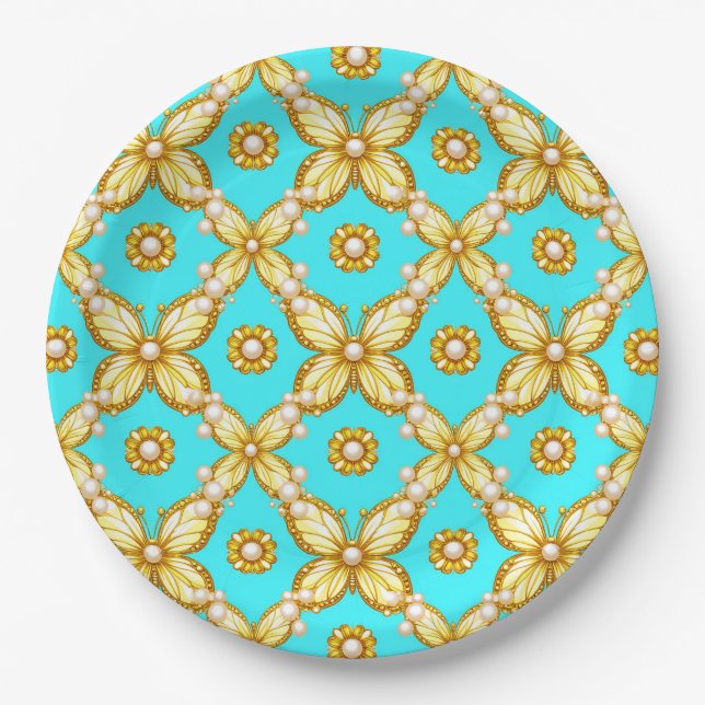 Luxurious Gold Butterfly Pattern With Pearl Accent Paper Plate (Front)