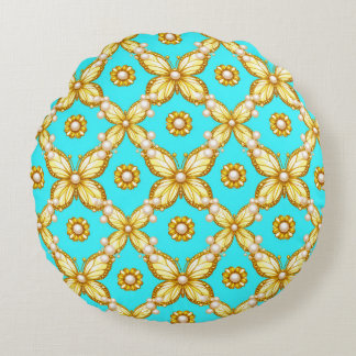 Luxurious Gold Butterfly Pattern With Pearl Accent Round Cushion