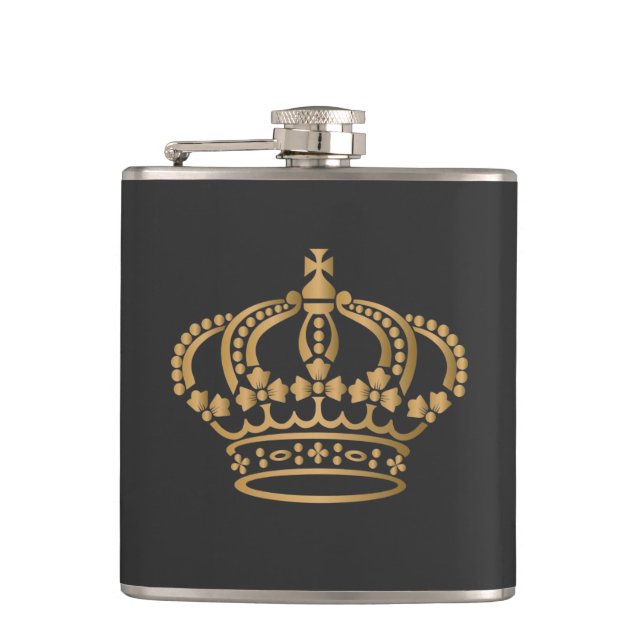 Luxurious Gold Crown Dark Grey Hip Flask (Front)