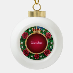Luxurious Gold Crown Frame Adorned With Roses Ceramic Ball Christmas Ornament