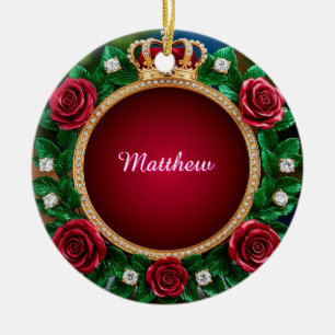 Luxurious Gold Crown Frame Adorned With Roses Ceramic Ornament