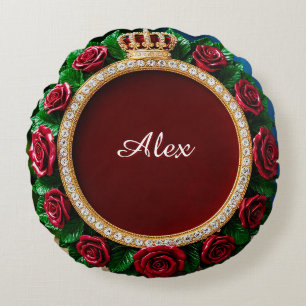 Luxurious Gold Crown Frame Adorned With Roses Round Cushion