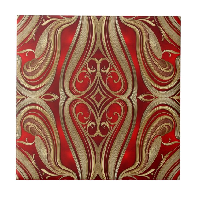 Luxurious Gold Diamond Motif on Red Pattern Ceramic Tile (Front)