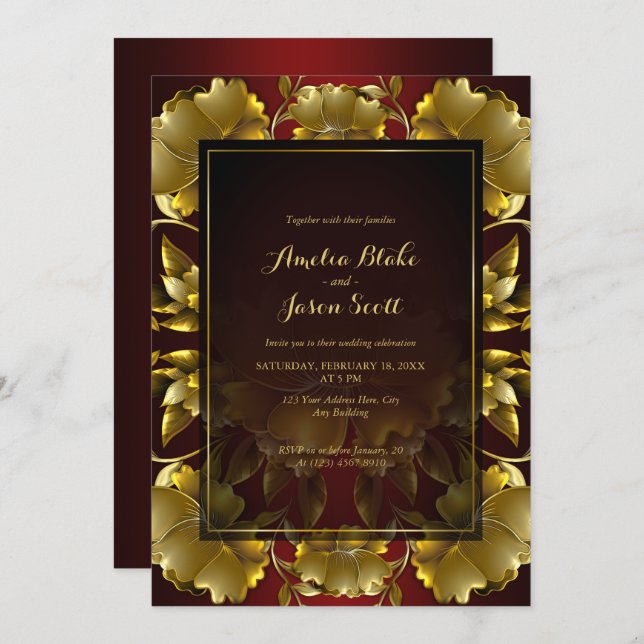 Luxurious Gold Engraved Floral Wedding Invitation (Front/Back)