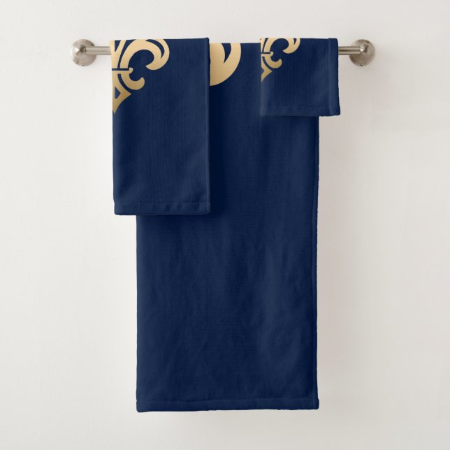 Luxurious Gold Fleur de Lis Navy Bath Towel Set (Insitu)