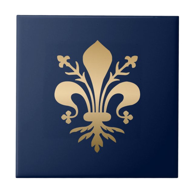 Luxurious Gold Fleur de Lis Navy Ceramic Tile (Front)