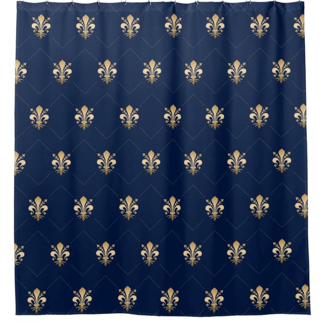 Luxurious Gold Fleur de Lis Pattern Navy Shower Curtain (Front)