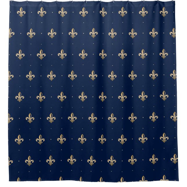 Luxurious Gold Fleur de Lis Pattern Navy Shower Curtain (Front)