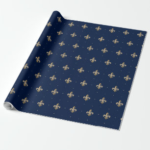 Luxurious Gold Fleur de Lis Pattern Navy Wrapping Paper