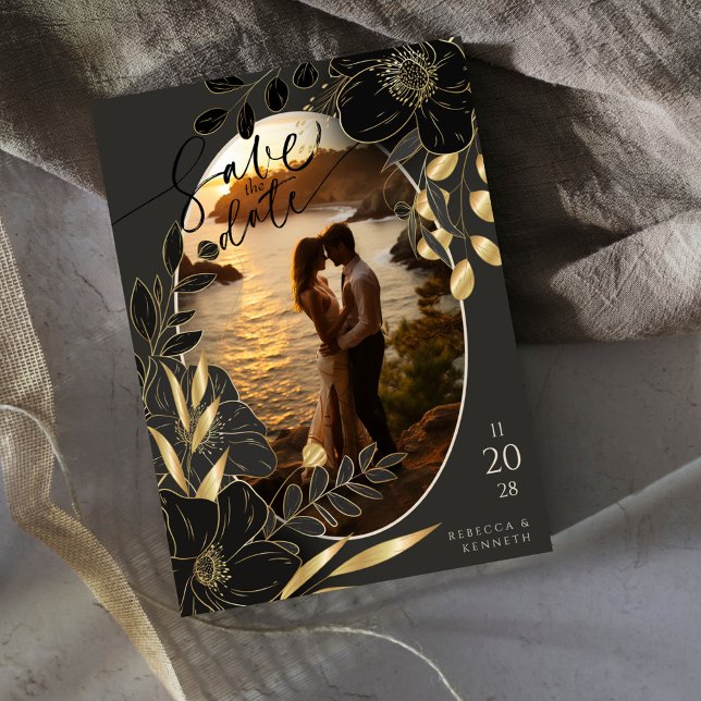 Luxurious Gold Floral Chic Two Photo Save The Date Invitation (Creator Uploaded)