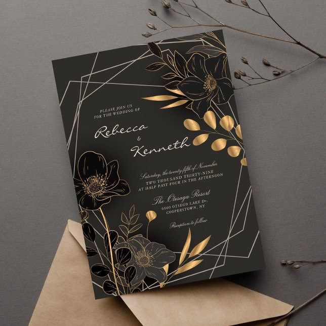 Luxurious Gold Floral Minimalist Monogram Wedding Invitation (Creator Uploaded)