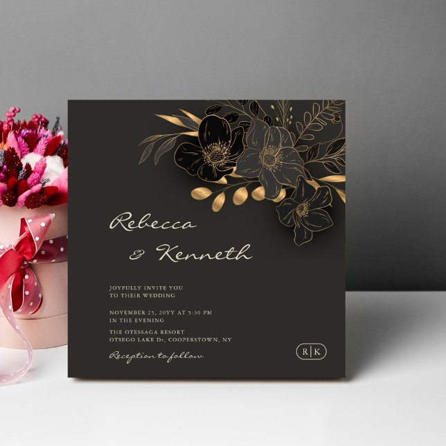 Luxurious Gold Floral Minimalist Monogram Wedding Invitation (Creator Uploaded)