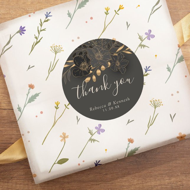 Luxurious Gold Floral Minimalist Wedding Thank you Classic Round Sticker (Creator Uploaded)