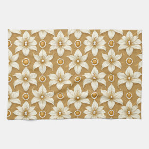 Luxurious Gold Floral Pattern With White Lily Moti Tea Towel