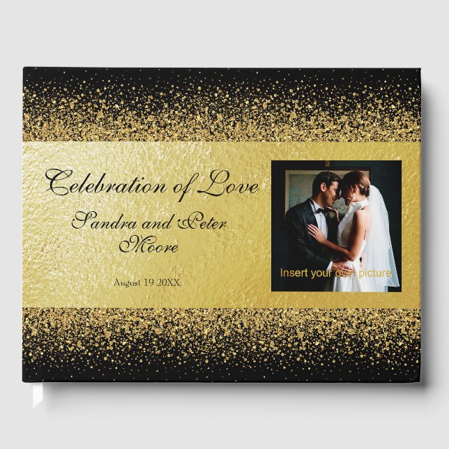 Luxurious Gold Foil Confetti on Black Guest Book (Front)