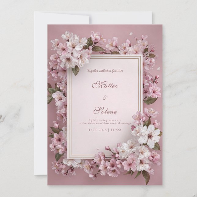 Luxurious Gold Frame Blush Cherry Blossom Wedding Invitation (Front)