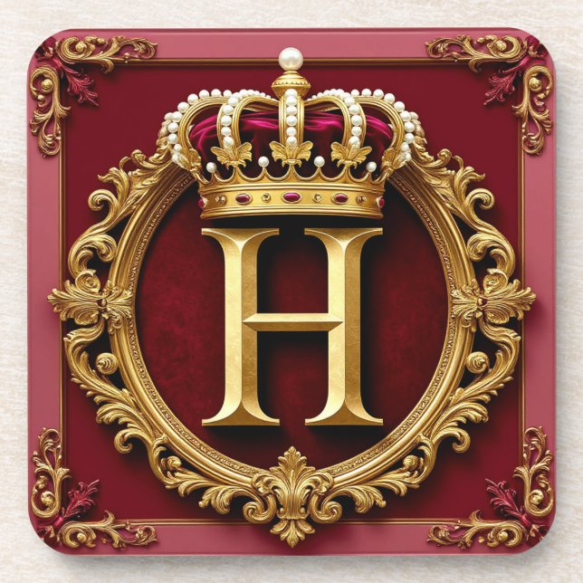 Luxurious Gold Frame With Crowned Monogram Coaster (Front)