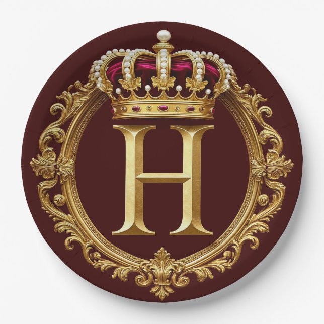 Luxurious Gold Frame With Crowned Monogram Paper Plate (Front)