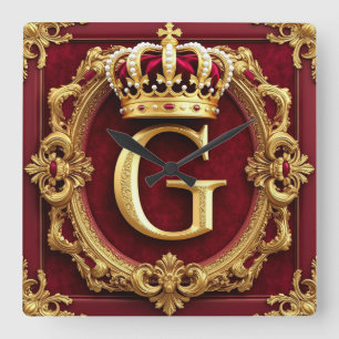 Luxurious Gold Frame With Crowned Monogram Square Wall Clock