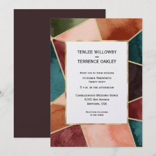 Luxurious Gold Geometric Purple Rust Teal Wedding Invitation