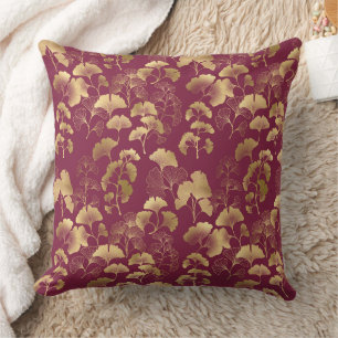 Luxurious Gold Ginkgo Leaves on Deep Burgundy (3) Cushion