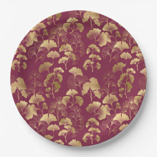 Luxurious Gold Ginkgo Leaves on Deep Burgundy (3) Paper Plate