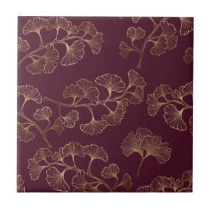 Luxurious Gold Ginkgo Leaves on Deep Burgundy (4) Ceramic Tile