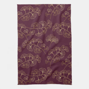 Luxurious Gold Ginkgo Leaves on Deep Burgundy (4) Tea Towel