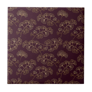 Luxurious Gold Ginkgo Leaves on Deep Burgundy (5) Ceramic Tile
