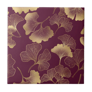 Luxurious Gold Ginkgo Leaves on Deep Burgundy (6) Ceramic Tile