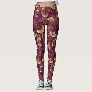 Luxurious Gold Ginkgo Leaves on Deep Burgundy (6) Leggings
