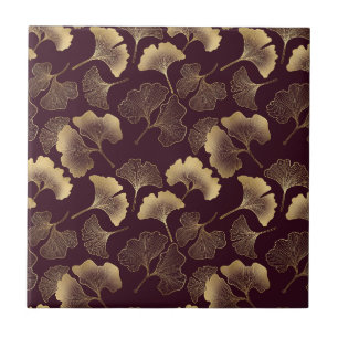 Luxurious Gold Ginkgo Leaves on Deep Burgundy (7) Ceramic Tile