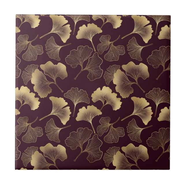 Luxurious Gold Ginkgo Leaves on Deep Burgundy (7) Ceramic Tile (Front)