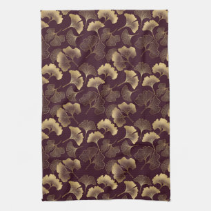 Luxurious Gold Ginkgo Leaves on Deep Burgundy (7) Tea Towel