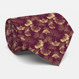 Luxurious Gold Ginkgo Leaves on Deep Burgundy (8) Tie