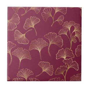 Luxurious Gold Ginkgo Leaves on Deep Burgundy Ceramic Tile