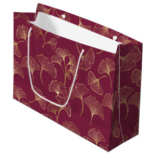 Luxurious Gold Ginkgo Leaves on Deep Burgundy Large Gift Bag