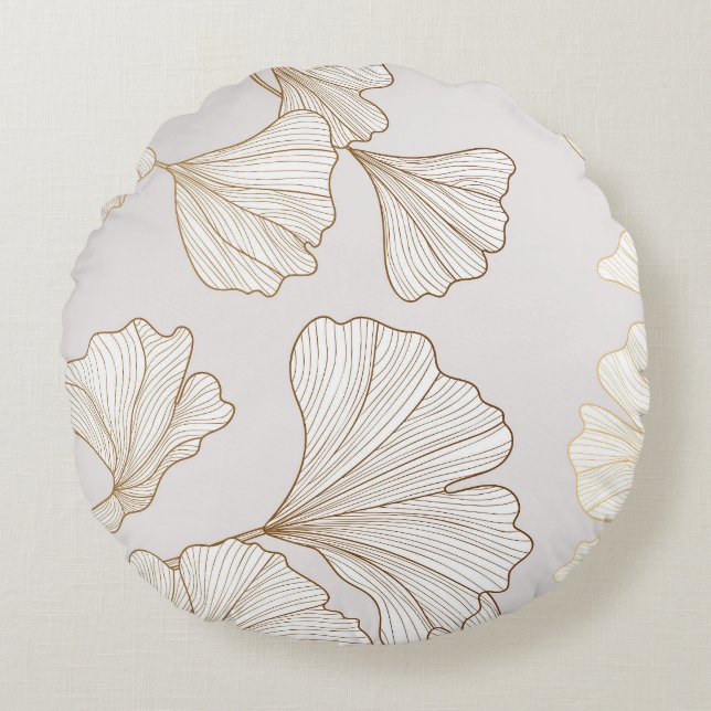 Luxurious Gold Ginkgo Vintage Design Round Cushion (Front)