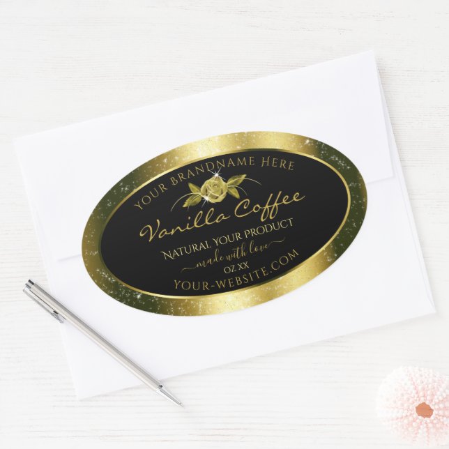 Luxurious Gold Glitter Floral Black Product Labels (Envelope)