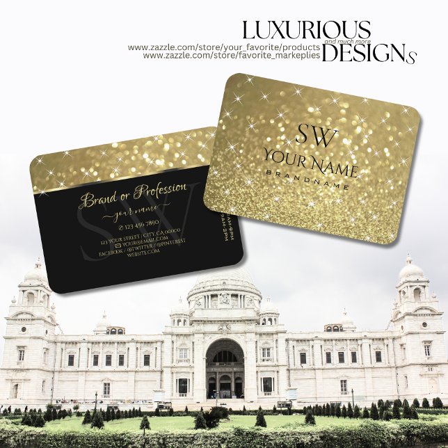 Luxurious Gold Glitter Luminous Stars and Initials Business Card (Creator Uploaded)
