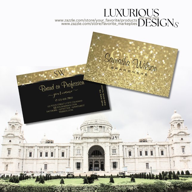 Luxurious Gold Glitter Luminous Stars and Monogram Business Card (Creator Uploaded)