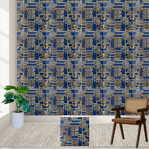 Luxurious Gold Greek Key Pattern on Deep Blue Ceramic Tile