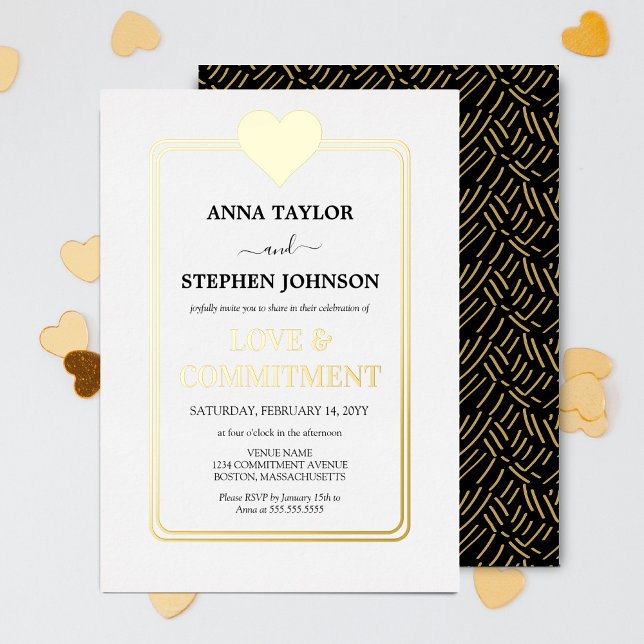 Luxurious Gold Heart Love & Commitment Ceremony (Elegant foil gold heart commitment ceremony invitation front and back view.)