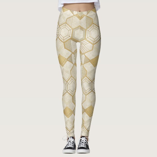 Luxurious Gold Hexagon Pattern - Marble Texture 2 Leggings (Front)