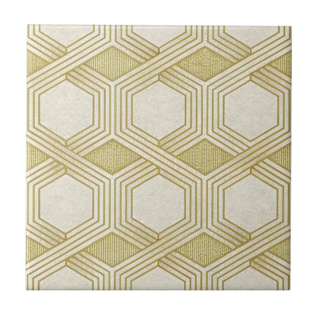 Luxurious Gold Hexagon Pattern - Marble Texture Ceramic Tile (Front)